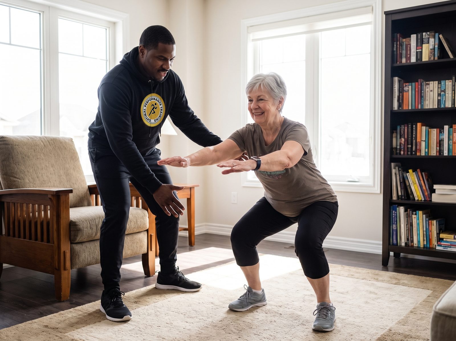 A trainer coaching a smiling woman in her sixties through a squat in her own living room.