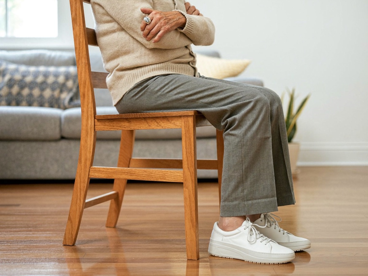 A woman in her seventies seated on a sturdy wooden chair with her arms crossed, ready to stand up, in a bright living room.
