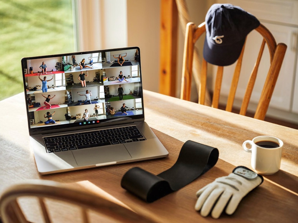 A laptop on a kitchen table showing a live online fitness class, with a resistance band, a golf glove and a coffee mug beside it.